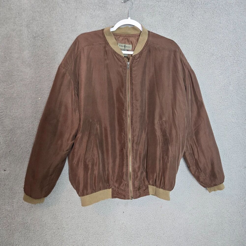 Robert Stock Silk Bomber Jacket Mens M Brown Full Zip Quilted Lined Ribbed Trim